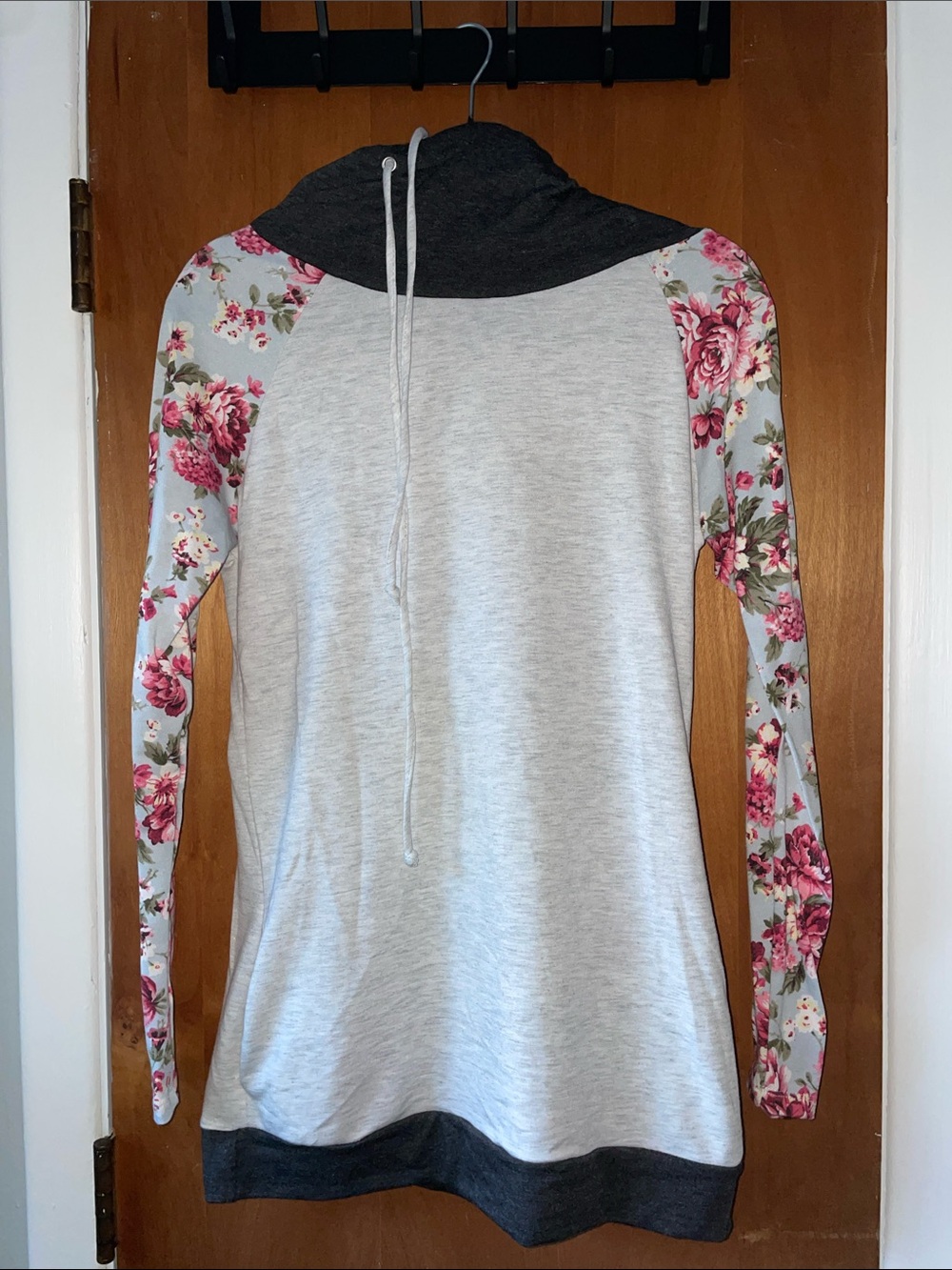 Women’s Light Gray Hooded Tunic with Pink Floral Raglan Sleeves